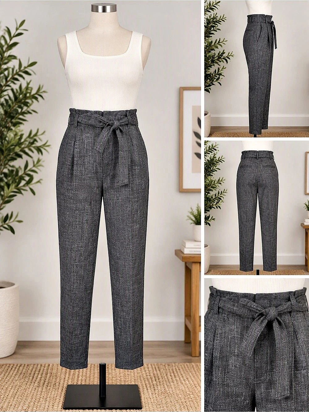 Reitmans Tapered-Leg High-Rise Pant with Sash. Heather Dark Grey. Size 14 NWT.